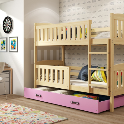 Dětská patrová postel s úložným prostorem s matracemi 90x200 BRIGID - borovice / růžová