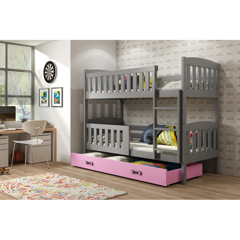 Dětská patrová postel s úložným prostorem s matracemi 90x200 BRIGID - grafit / růžová