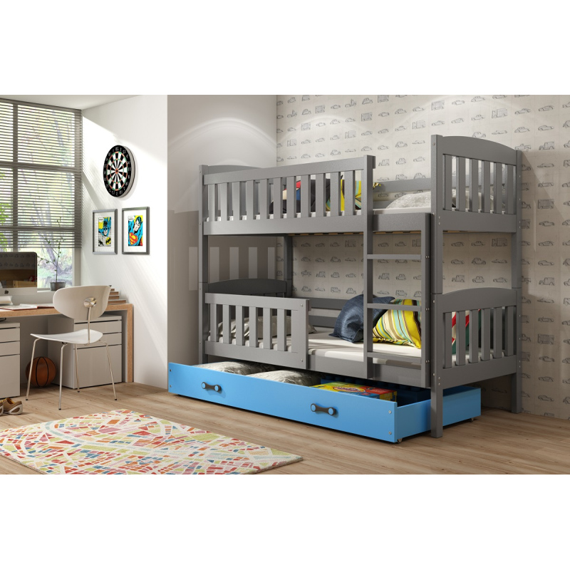 Dětská patrová postel s úložným prostorem s matracemi 90x200 BRIGID - grafit / modrá