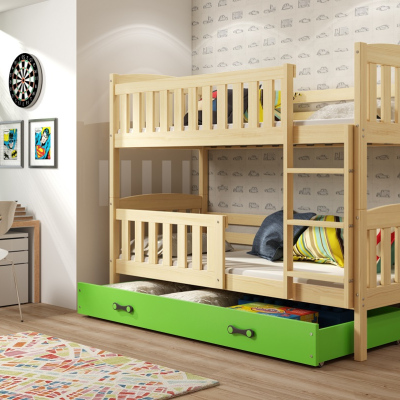Dětská patrová postel s úložným prostorem s matracemi 80x190 BRIGID - borovice / zelená