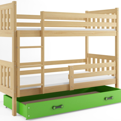 Dětská patrová postel s úložným prostorem s matracemi 80x190 CHARIS - borovice / zelená