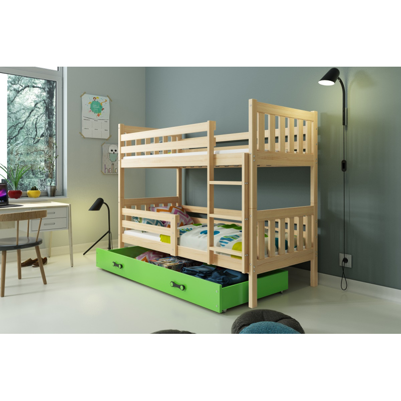 Dětská patrová postel s úložným prostorem s matracemi 80x190 CHARIS - borovice / zelená