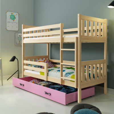 Dětská patrová postel s úložným prostorem s matracemi 80x190 CHARIS - borovice / růžová