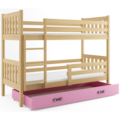 Dětská patrová postel s úložným prostorem s matracemi 80x190 CHARIS - borovice / růžová