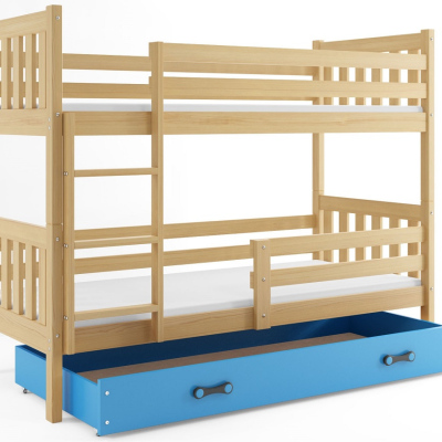 Dětská patrová postel s úložným prostorem s matracemi 80x190 CHARIS - borovice / modrá
