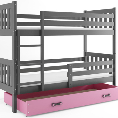 Dětská patrová postel s úložným prostorem s matracemi 80x190 CHARIS - grafit / růžová