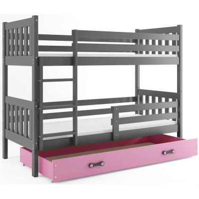 Dětská patrová postel s úložným prostorem s matracemi 80x190 CHARIS - grafit / růžová