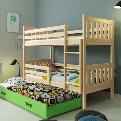Dětská patrová postel s přistýlkou a matracemi 80x190 CHARIS - borovice / zelená