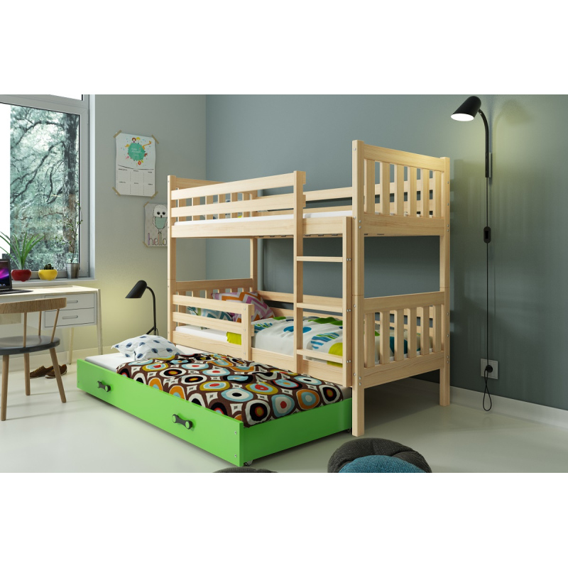 Dětská patrová postel s přistýlkou bez matrací 80x190 CHARIS - borovice / zelená