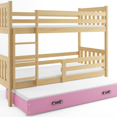 Dětská patrová postel s přistýlkou a matracemi 80x190 CHARIS - borovice / růžová
