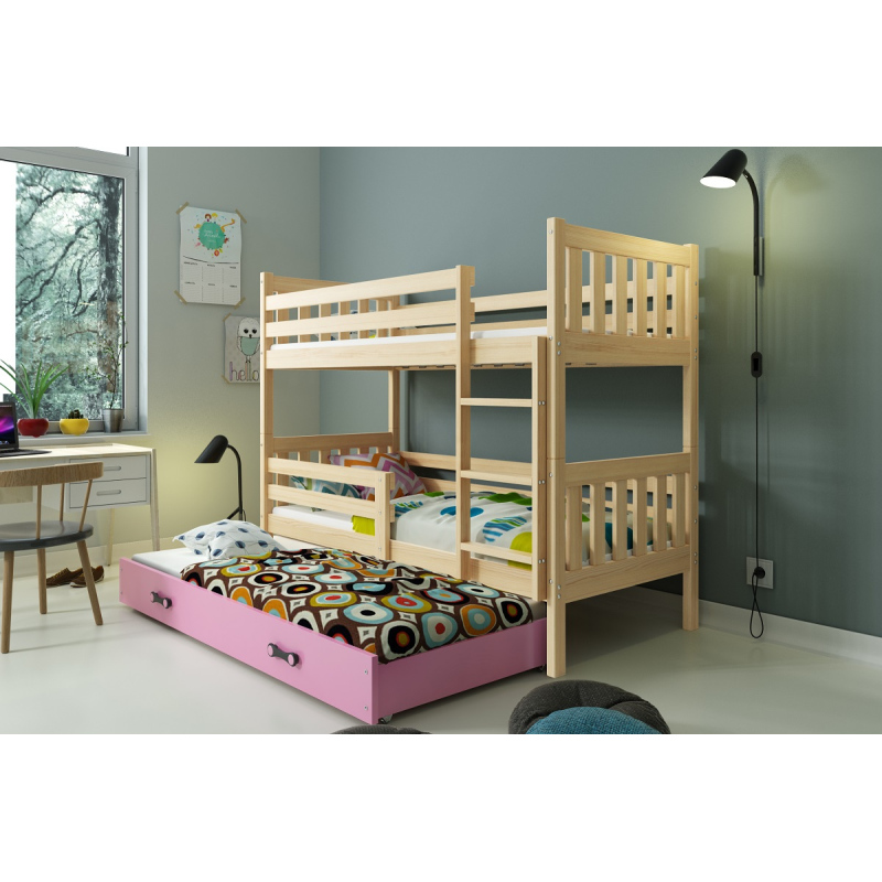Dětská patrová postel s přistýlkou a matracemi 80x190 CHARIS - borovice / růžová
