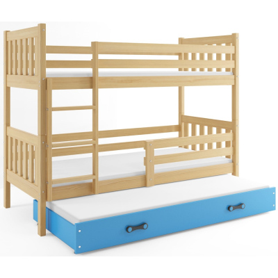Dětská patrová postel s přistýlkou a matracemi 80x190 CHARIS - borovice / modrá
