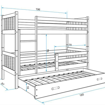 Dětská patrová postel s přistýlkou a matracemi 80x190 CHARIS - borovice / grafit