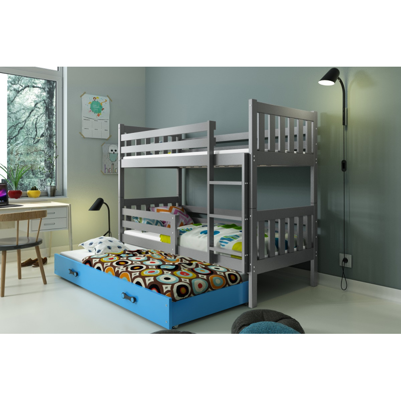 Dětská patrová postel s přistýlkou a matracemi 80x190 CHARIS - grafit / modrá