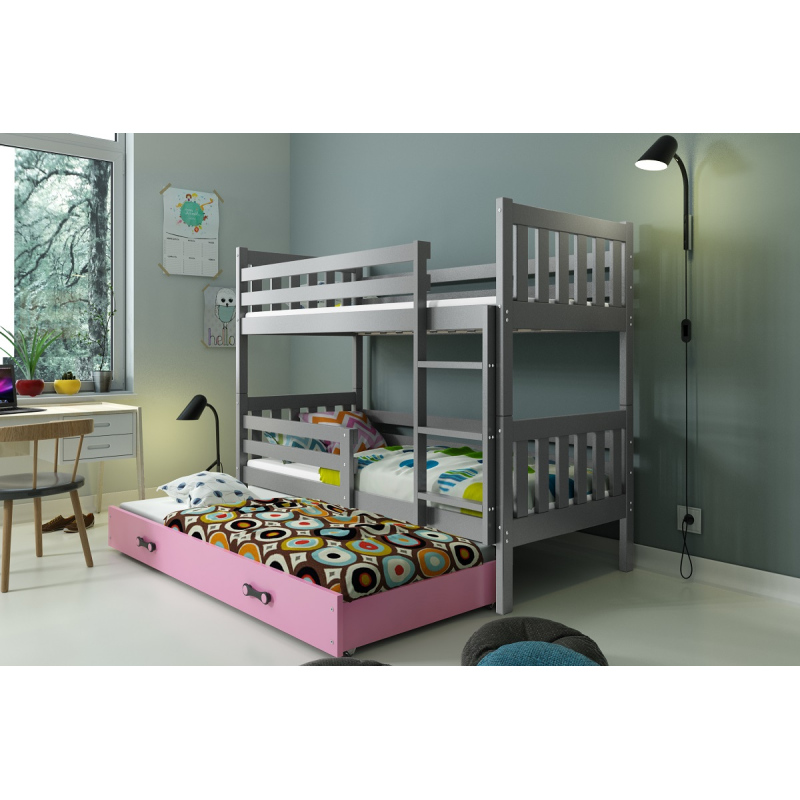 Dětská patrová postel s přistýlkou a matracemi 80x190 CHARIS - grafit / růžová