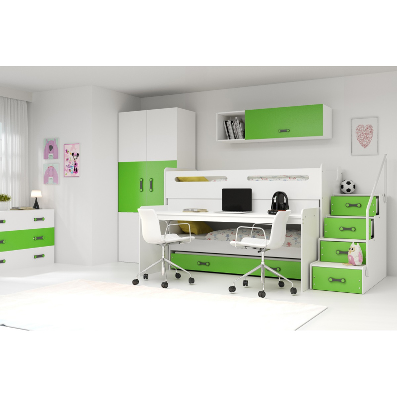 Dětská patrová postel s úložným prostorem a matracemi 80x200 IDA 1 - bílá / zelená