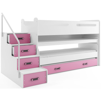 Dětská patrová postel s úložným prostorem a matracemi 80x200 IDA 1 - bílá / růžová