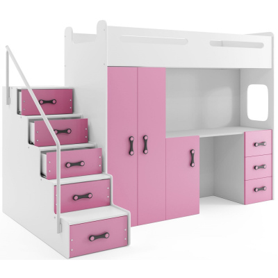 Dětská patrová postel s úložným prostorem a matrací 80x200 IDA 4 - bílá / růžová