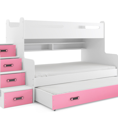 Dětská patrová postel s přistýlkou a matracemi 80x200 IDA 3 - bílá / růžová