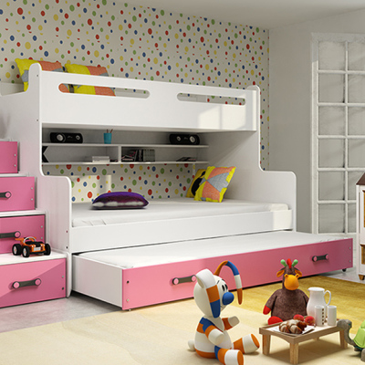 Dětská patrová postel s přistýlkou bez matrací 80x200 IDA 3 - bílá / růžová
