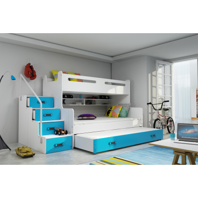 Dětská patrová postel s přistýlkou a matracemi 80x200 IDA 3 - bílá / modrá