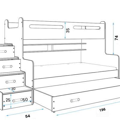 Dětská patrová postel s přistýlkou a matracemi 80x200 IDA 3 - bílá / modrá