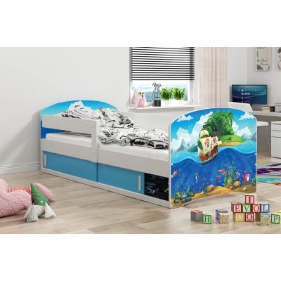 Dětská postel s úložným prostorem s matrací 80x160 PIRÁTI 1 - bílá