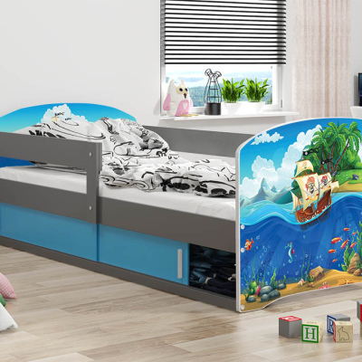 Dětská postel s úložným prostorem s matrací 80x160 PIRÁTI 1 - grafit