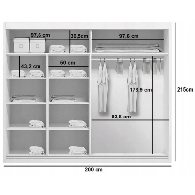 Prostorná šatní skříň AMADEO, šířka 200 cm, výška 215 cm
