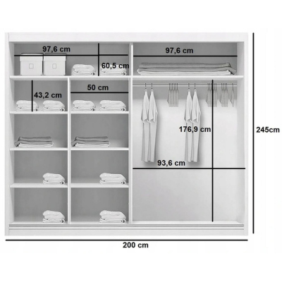 Prostorná šatní skříň AMADEO, šířka 200 cm, výška 245 cm