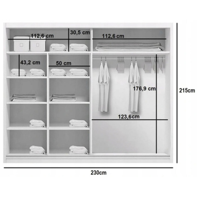 Prostorná šatní skříň AMADEO, šířka 230 cm, výška 215 cm