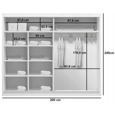 Šatní skříň se zrcadlem ANASTACIO, šířka 200 cm, výška 245 cm