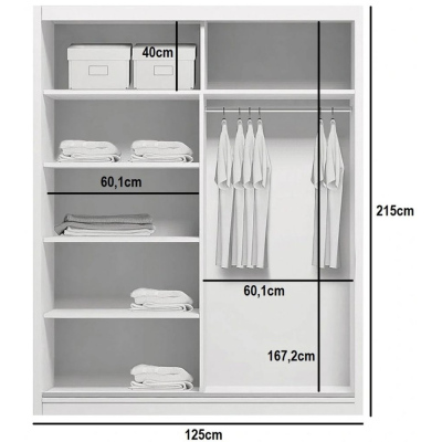 Prostorná zrcadlová šatní skříň ANTONIO, šířka 125 cm, výška 215 cm