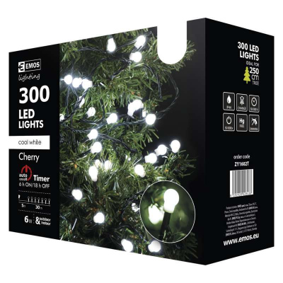 LED vánoční venkovní řetěz, kuličky, 30m, studená bílá