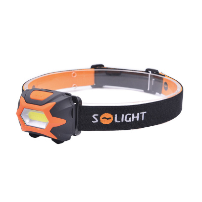 Solight čelová svítilna, COB LED, 3W, 150lm, 3x AAA, 3 režimy, oranžovočerná