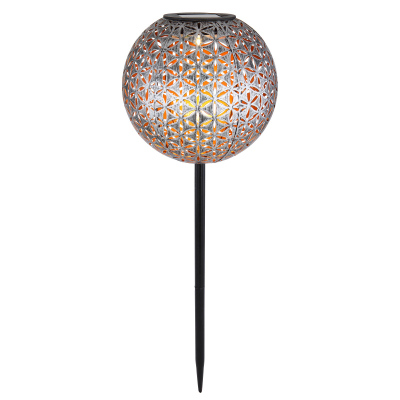 Zahradní LED zapichovací svítidlo SOLAR, 18cm, koule, vzor květiny, stříbrnozlaté