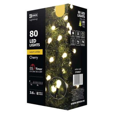 LED vánoční venkovní řetěz, 8m, kuličky, s časovačem, teplá bílá