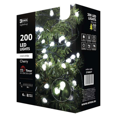 LED vánoční venkovní řetěz, kuličky, 20m, studená bílá