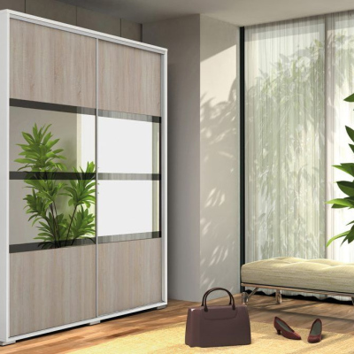 Prostorná šatní skříň se zrcadlem 230/215 CELESTINO 2 - bílá / dub sonoma