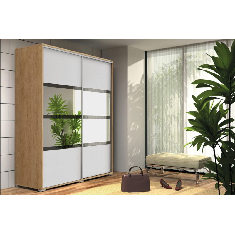 Prostorná šatní skříň se zrcadlem 175/215 CELESTINO 2 - dub craft zlatý / bílá