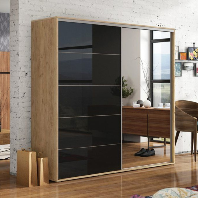 Zrcadlová šatní skříň 175/215 EDUARDO - dub craft zlatý / černý lesk