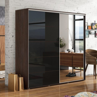 Zrcadlová šatní skříň 230/215 EDUARDO - čokoláda / černý lesk