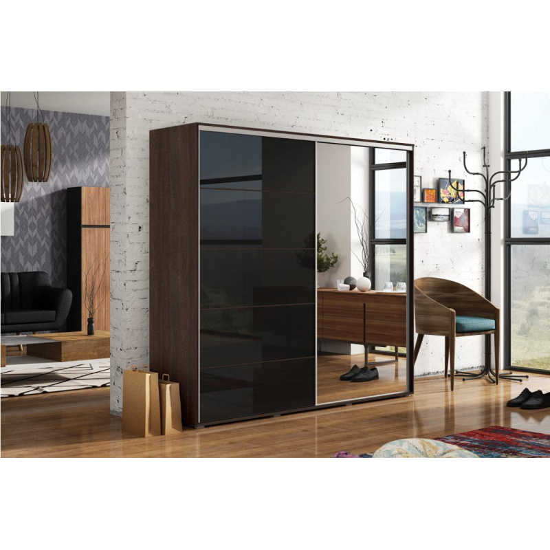 Zrcadlová šatní skříň 230/215 EDUARDO - čokoláda / černý lesk