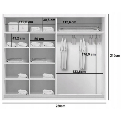 Zrcadlová šatní skříň FERNANDO, šířka 230 cm, výška 215 cm