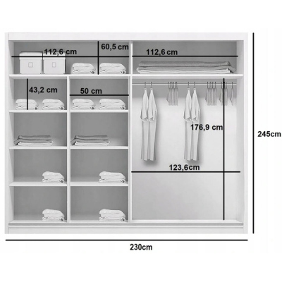 Prostorná moderní šatní skříň ILANA, šířka 230 cm, výška 245 cm