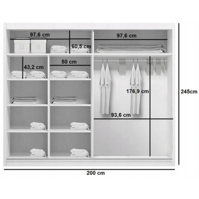 Zrcadlová šatní skříň GABRIEL, šířka 200 cm, výška 245 cm