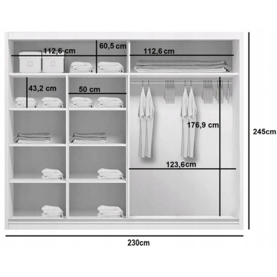 Zrcadlová šatní skříň GABRIEL, šířka 230 cm, výška 245 cm