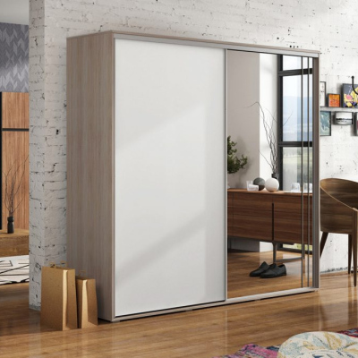 Prostorná šatní skříň se zrcadlem 100/215 HUGO - dub sonoma / bílá