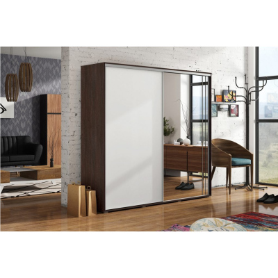 Prostorná šatní skříň se zrcadlem 125/245 HUGO - čokoláda / bílá