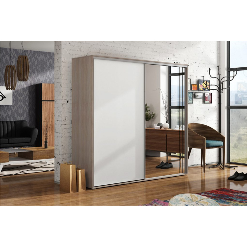 Prostorná šatní skříň se zrcadlem 125/245 HUGO - dub sonoma / bílá